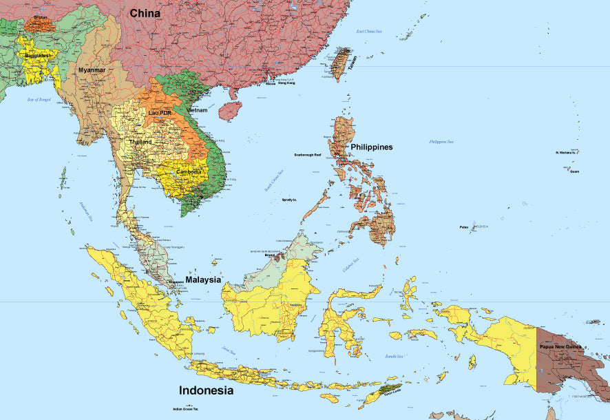 世界地図ポスター｜インドネシア、マレーシア、ミャンマー、フィリピン、シンガポール、台湾、タイ、ベトナム