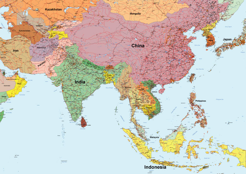 世界地図ポスター｜ミャンマーを中心にインドから台湾まで